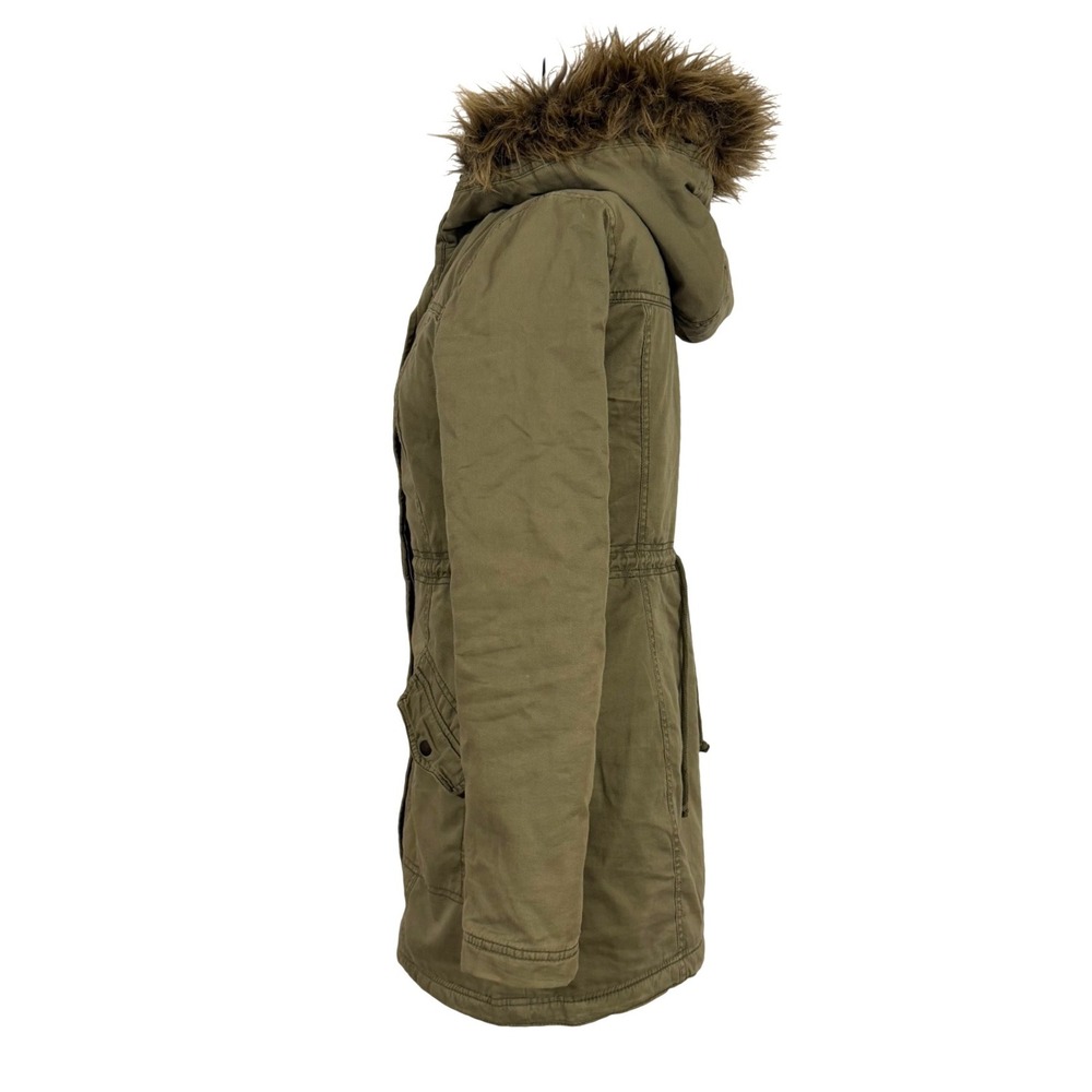 Hollister Women's Olive Green Faux Fur Hood Cotton Parka Jacket Size S Y2K - Picture 2 of 8